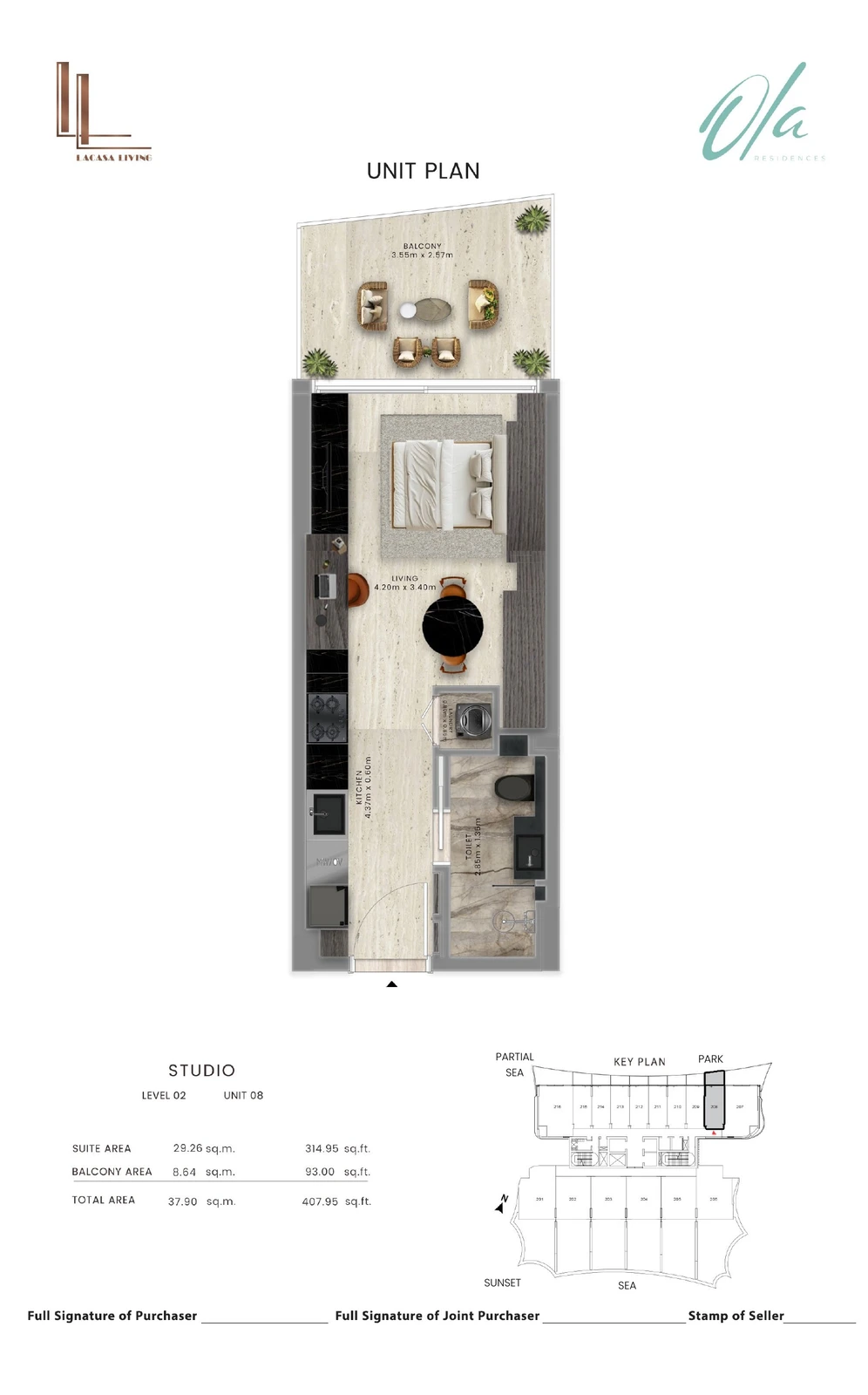 Ola Residences studio Level 2 Unit 08 apartment floor plan, 407.95 sq ft