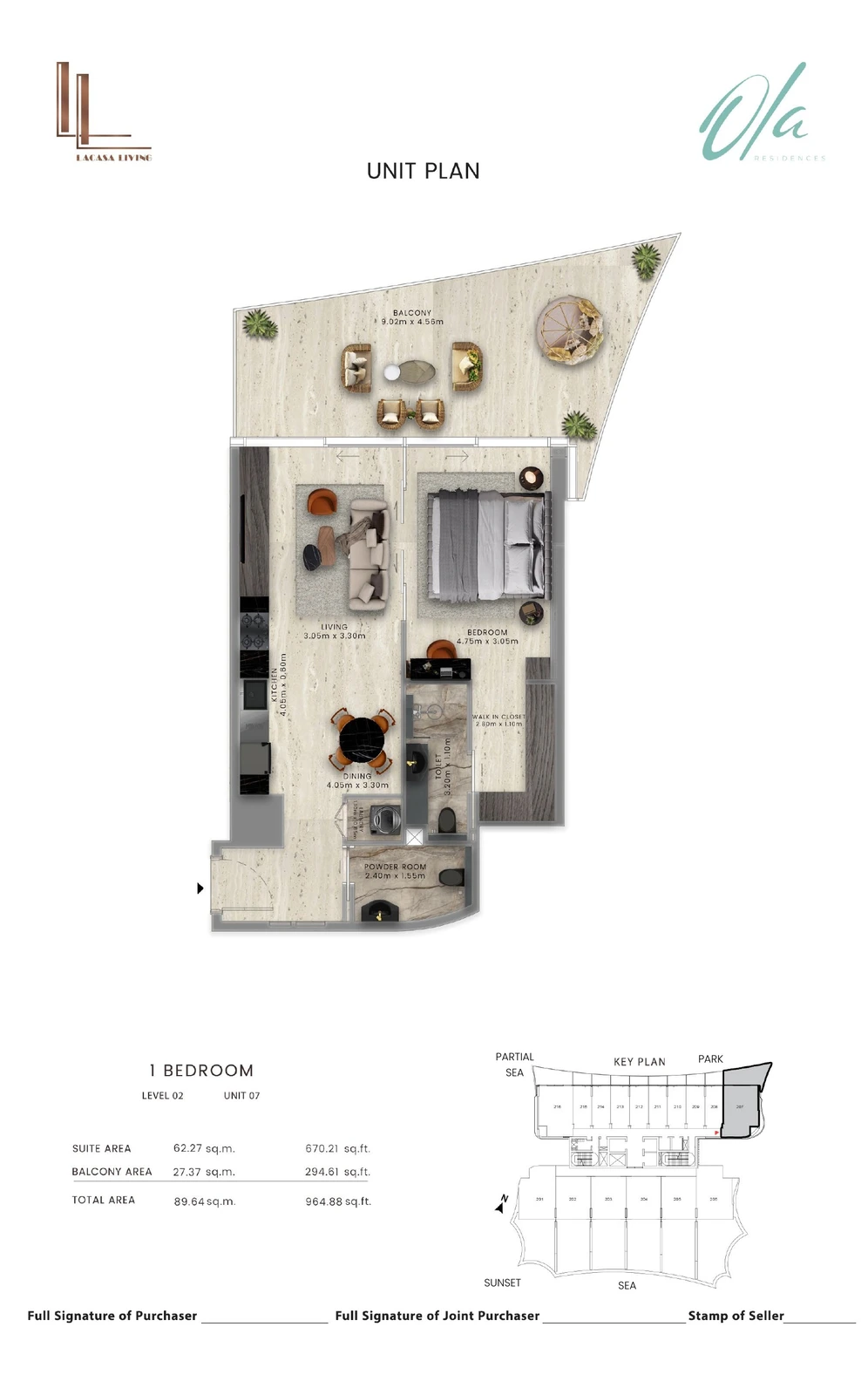 Ola Residences 1-bedroom Level 2 Unit 07 apartment floor plan, 964.88 sq ft