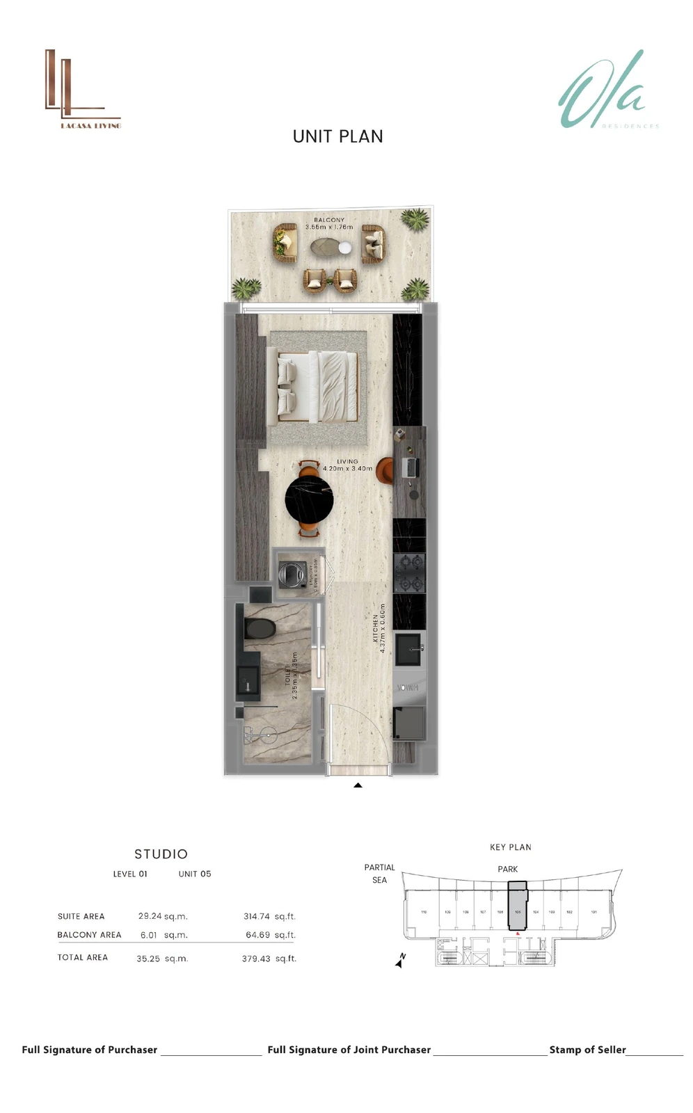 Ola Residences studio Level 1 Unit 05 apartment floor plan, 379.43 sq ft