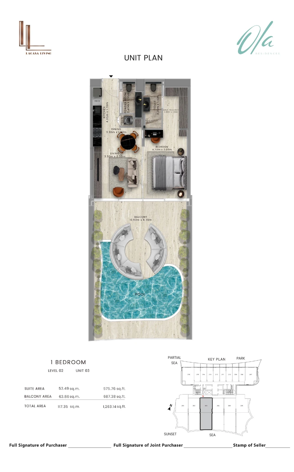 Ola Residences 1-bedroom Level 2 Unit 03 Private Pool apartment floor plan, 1,263.14 sq ft