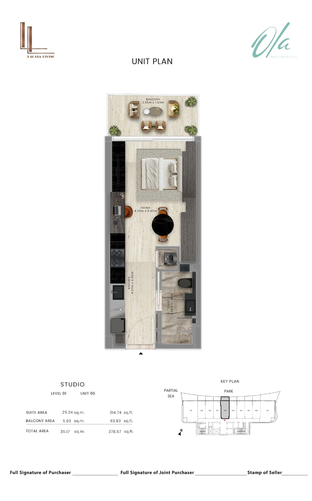 Ola Residences studio Level 1 Unit 06 apartment floor plan, 378.57 sq ft