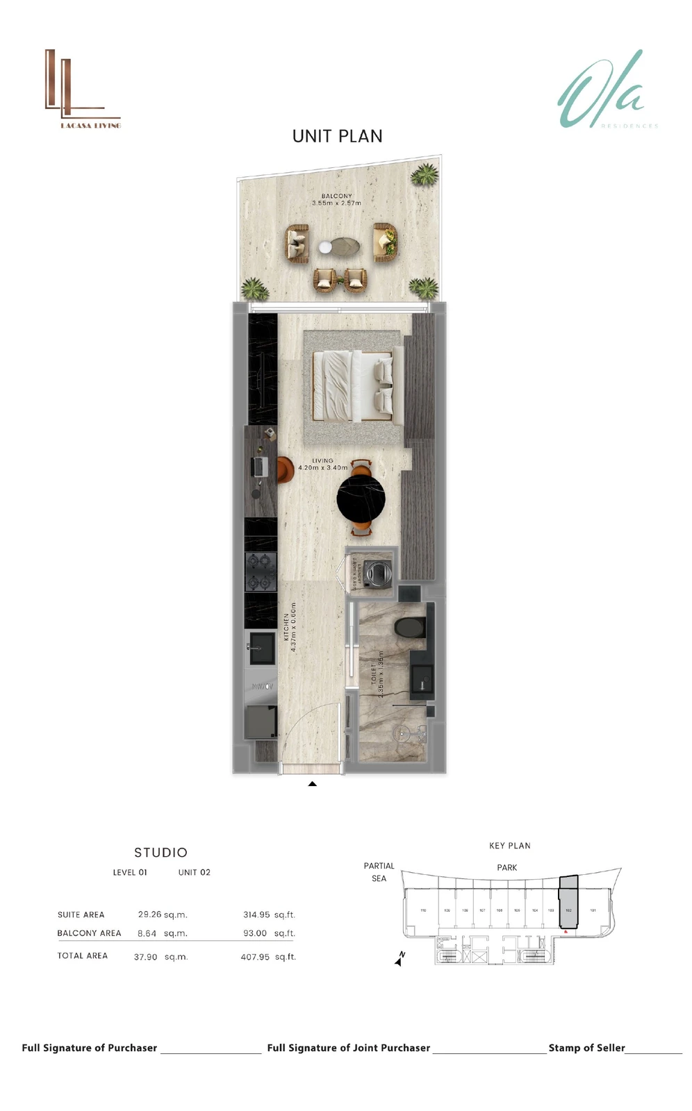 Ola Residences studio Level 1 Unit 02 apartment floor plan, 407.95 sq ft
