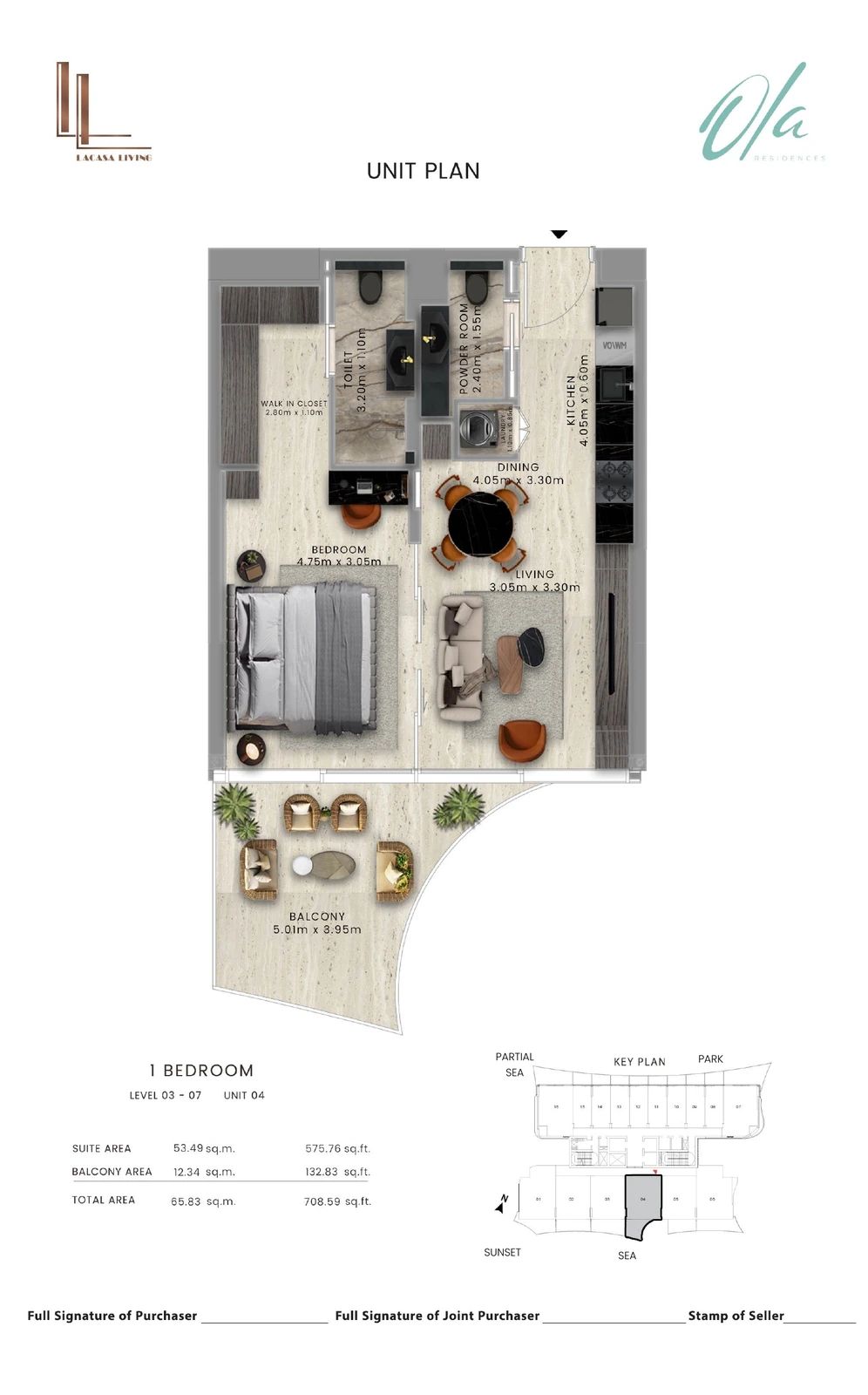 Ola Residences 1-bedroom Levels 3-7 Unit 04 apartment floor plan, 708.59 sq ft