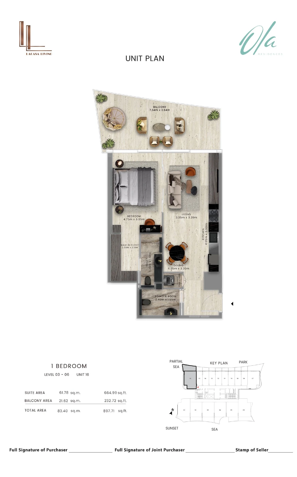 Ola Residences 1-bedroom Levels 3-6 Unit 16 apartment floor plan, 897.71 sq ft