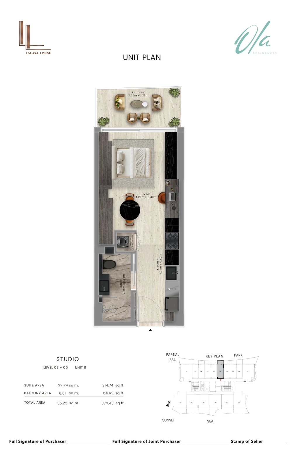 Ola Residences studio Levels 3-6 Unit 11 apartment floor plan, 379.43 sq ft
