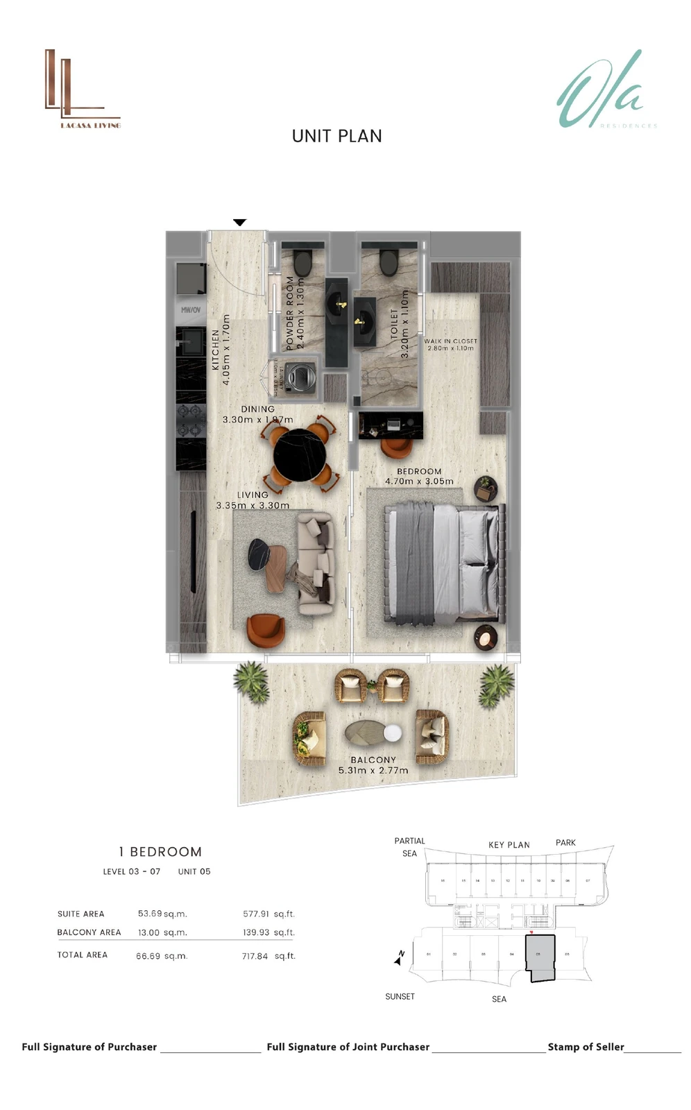 Ola Residences 1-bedroom Levels 3-7 Unit 05 apartment floor plan, 717.84 sq ft