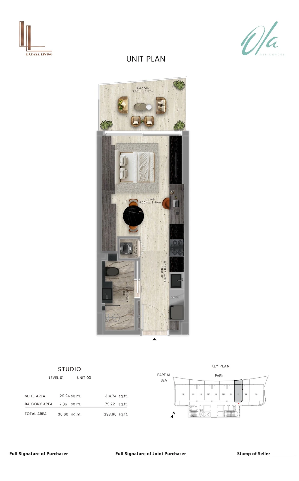 Ola Residences studio Level 1 Unit 03 apartment floor plan, 393.96 sq ft