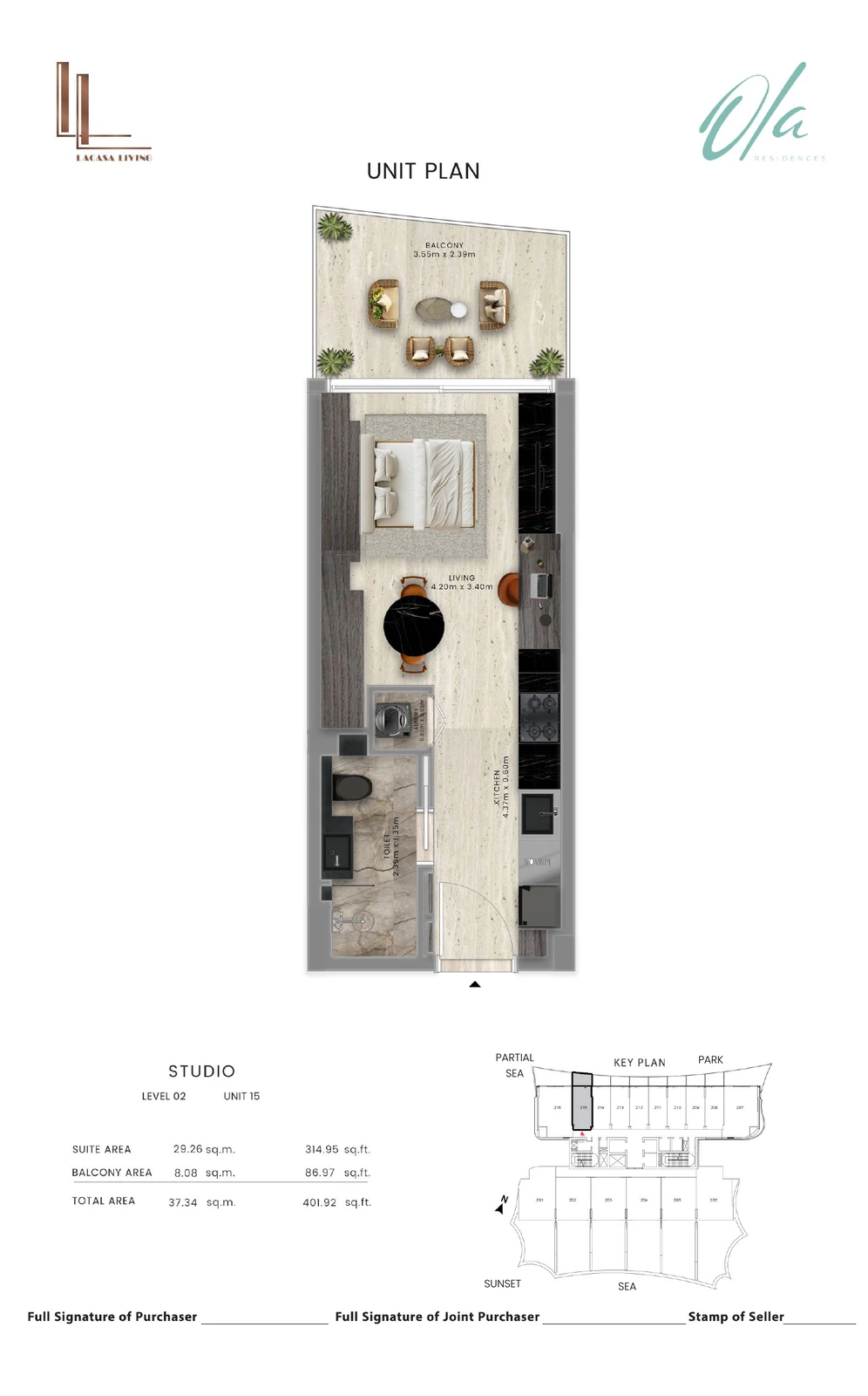 Ola Residences studio Level 2 Unit 15 apartment floor plan, 401.92 sq ft