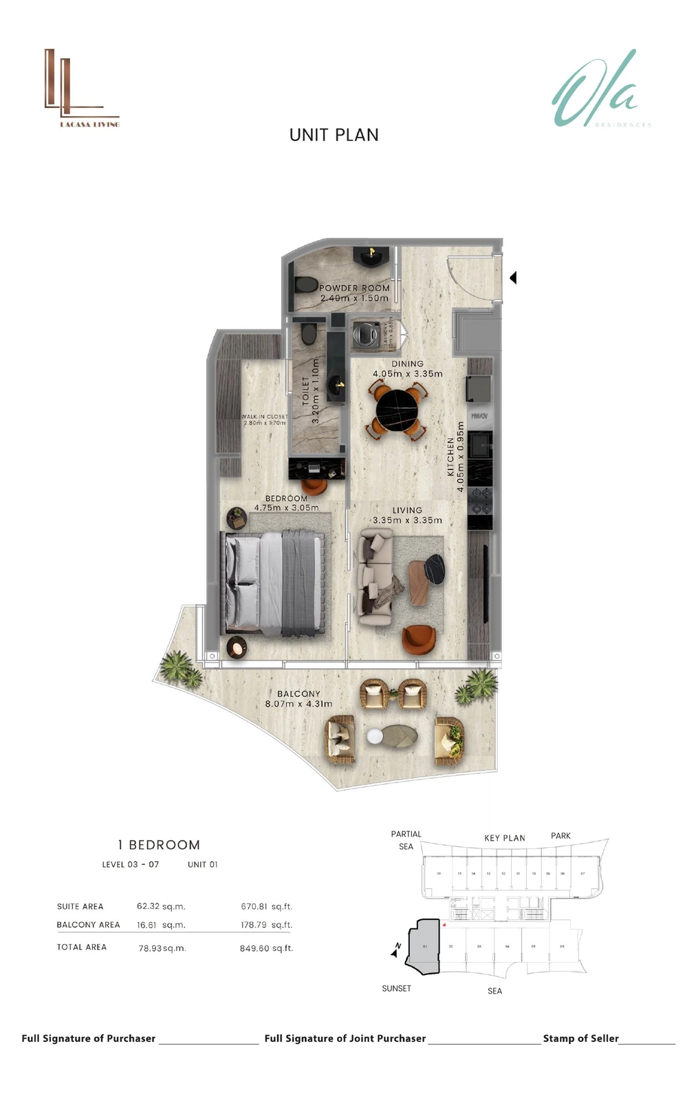 Ola Residences 1-bedroom Levels 3-7 Unit 01 apartment floor plan, 849.60 sq ft