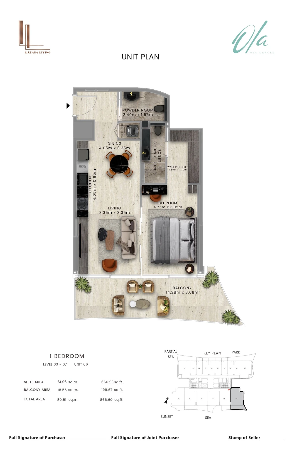 Ola Residences 1-bedroom Levels 3-7 Unit 06 apartment floor plan, 866.60 sq ft