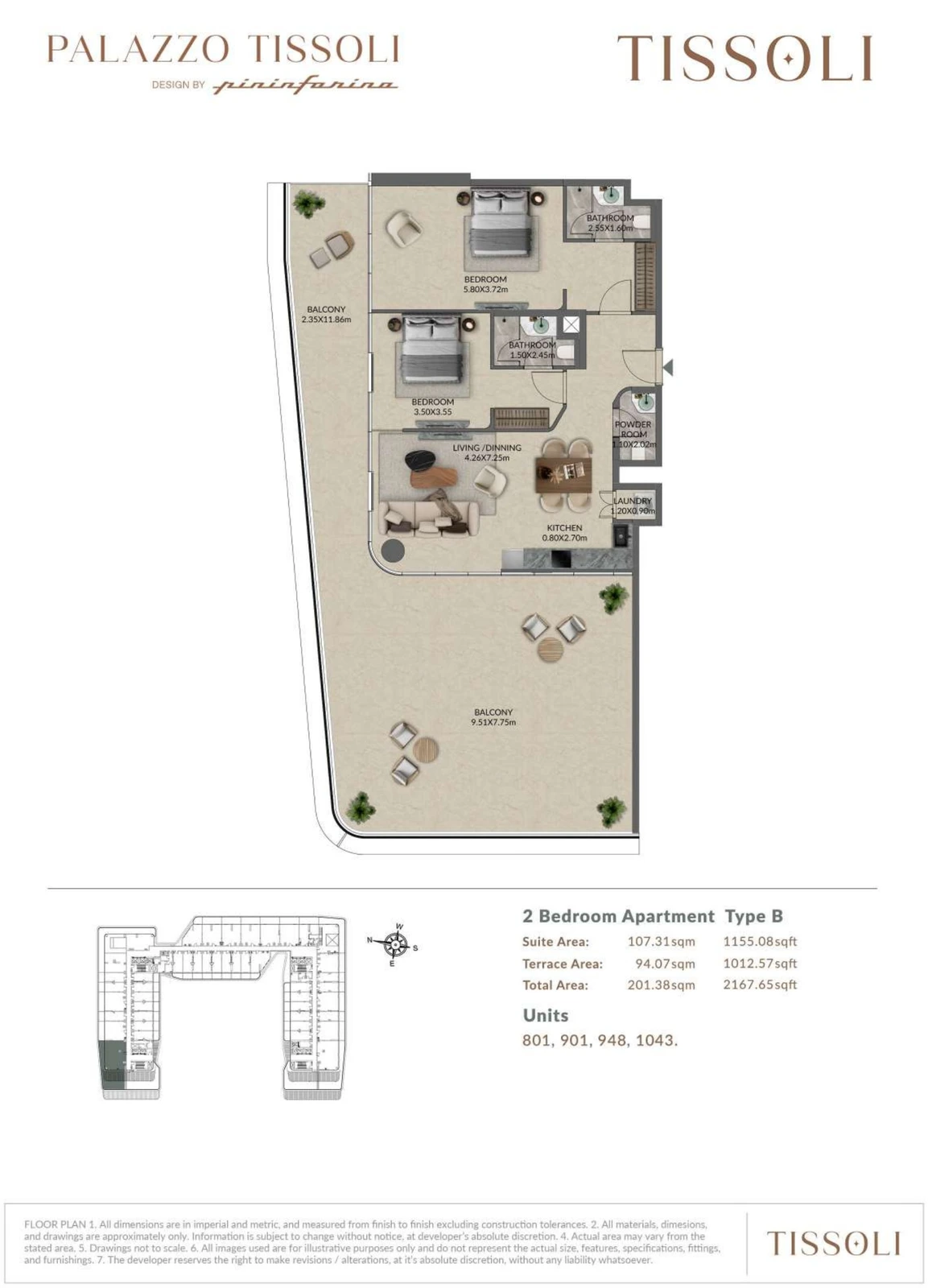 Palazzo Tissoli 2-bedroom Type B apartment floor plan, 2,167.65 sq ft
