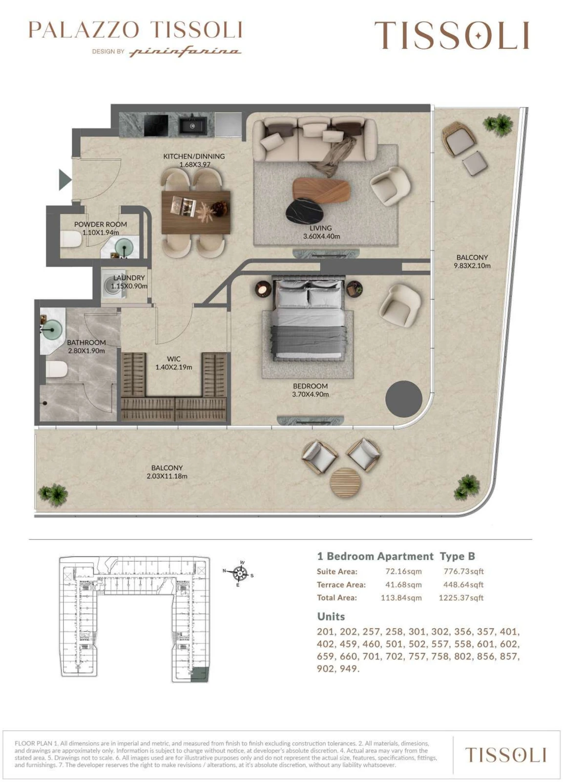Palazzo Tissoli 1-bedroom Type B apartment floor plan, 1,225.37 sq ft