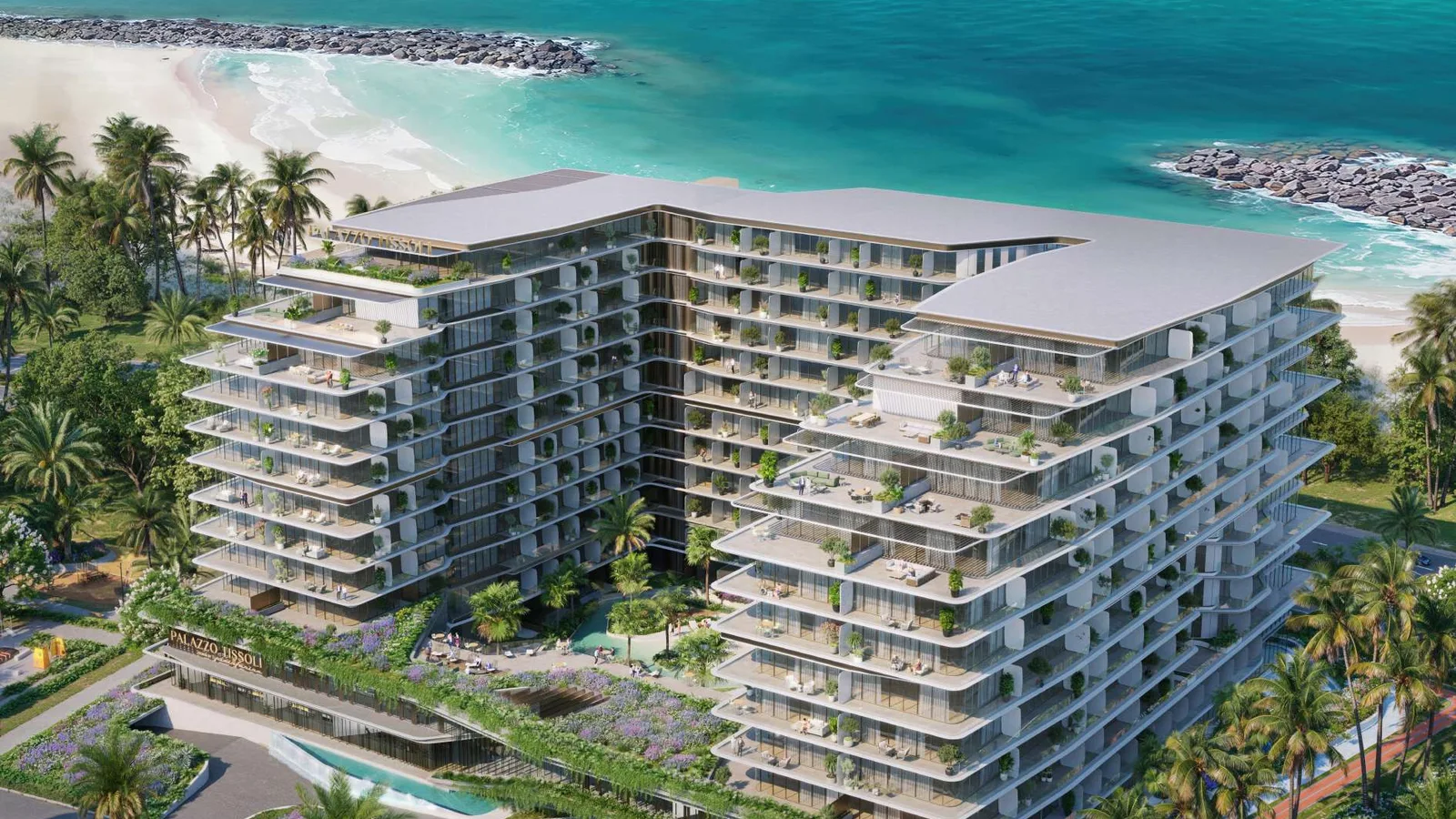 Aerial view of Palazzo Tissoli beside the Al Marjan Island shoreline