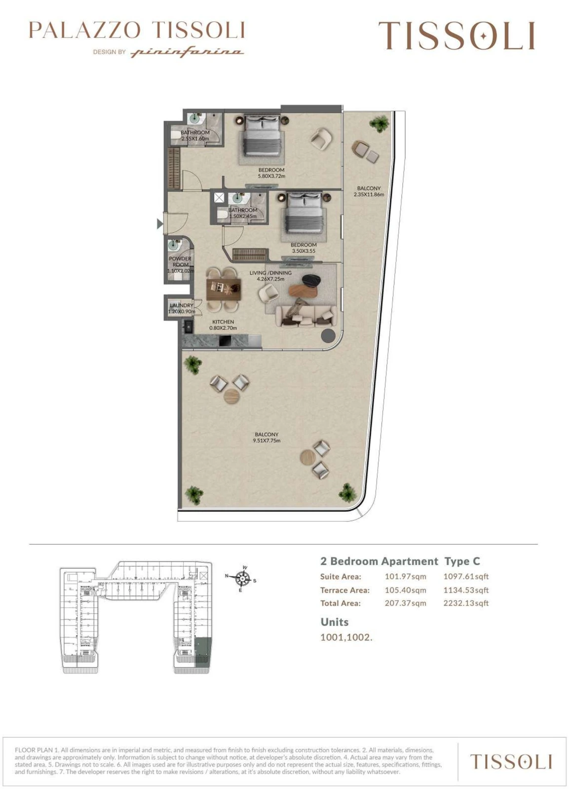 Palazzo Tissoli 2-bedroom Type C apartment floor plan, 2,232.13 sq ft