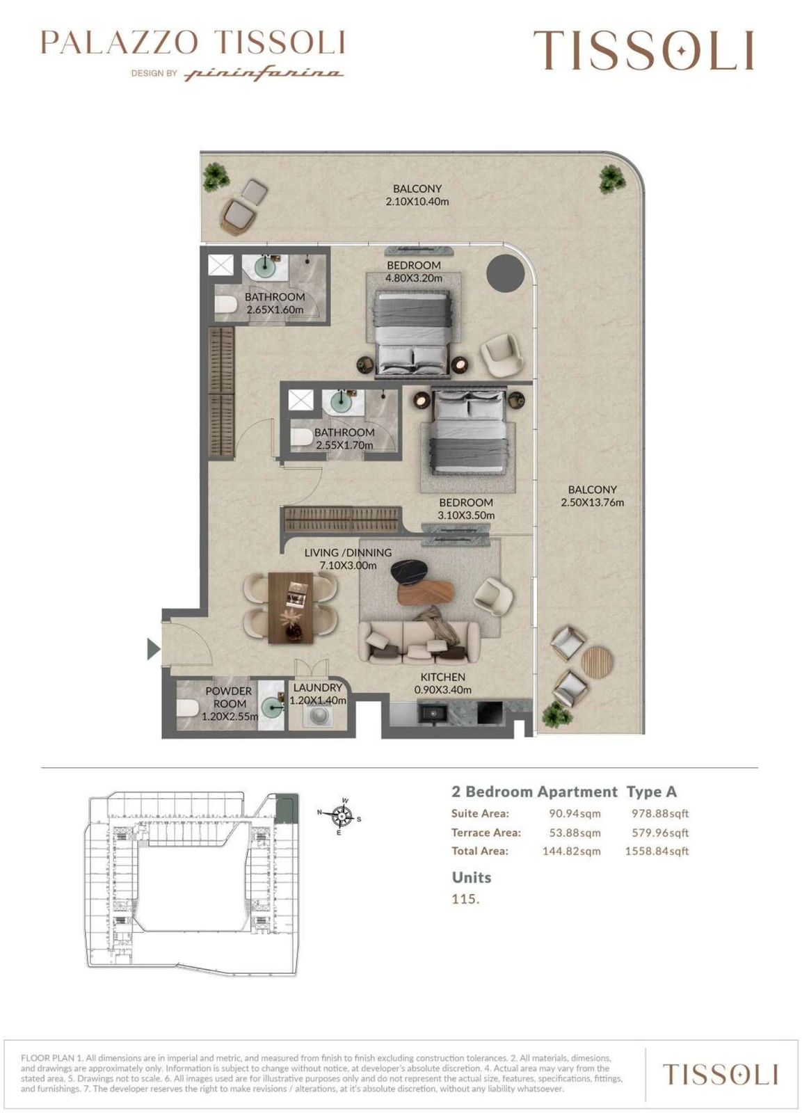 Palazzo Tissoli 2-bedroom Type A apartment floor plan, 1,558.84 sq ft