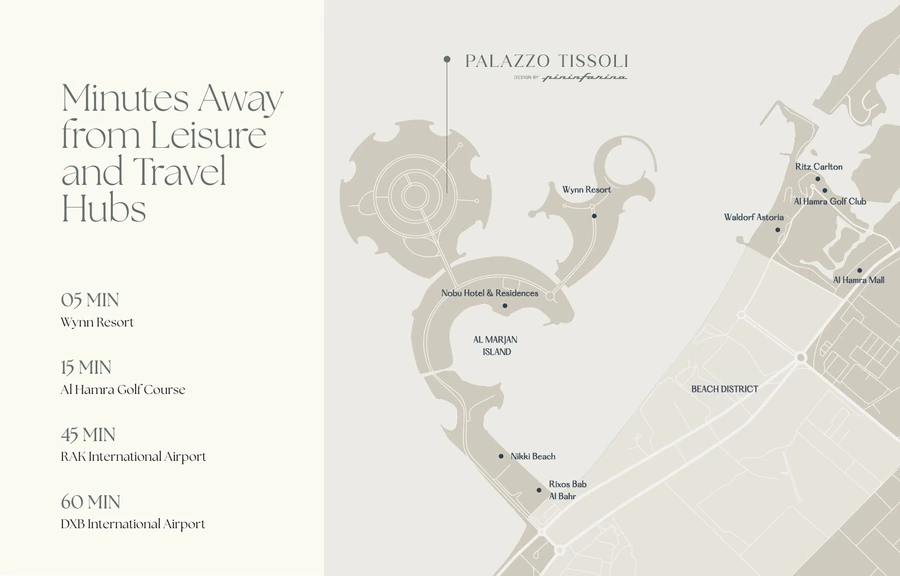 Location map of Palazzo Tissoli on Al Marjan Island with nearby resorts, golf, malls and airports