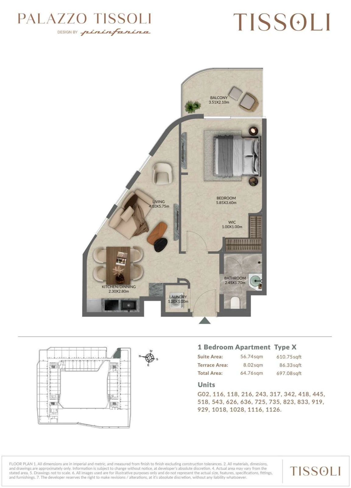 Palazzo Tissoli 1-bedroom Type X apartment floor plan, 697.08 sq ft