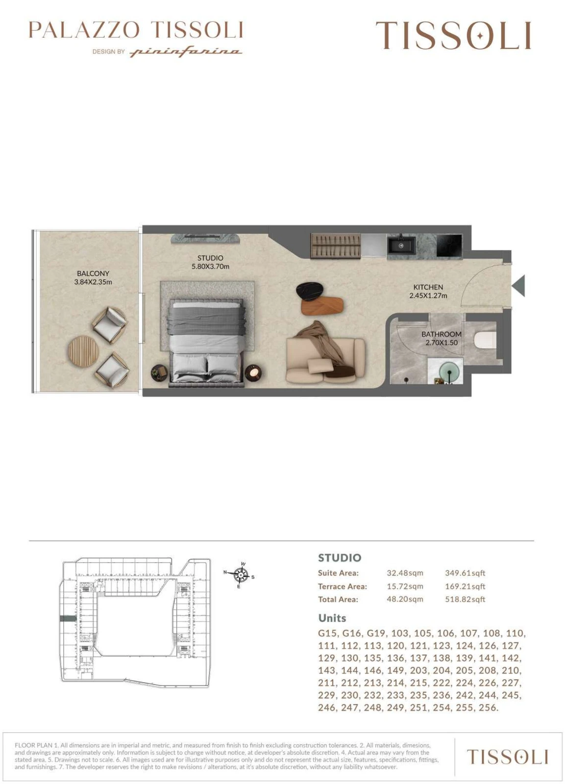 Palazzo Tissoli studio Type A apartment floor plan, 518.82 sq ft