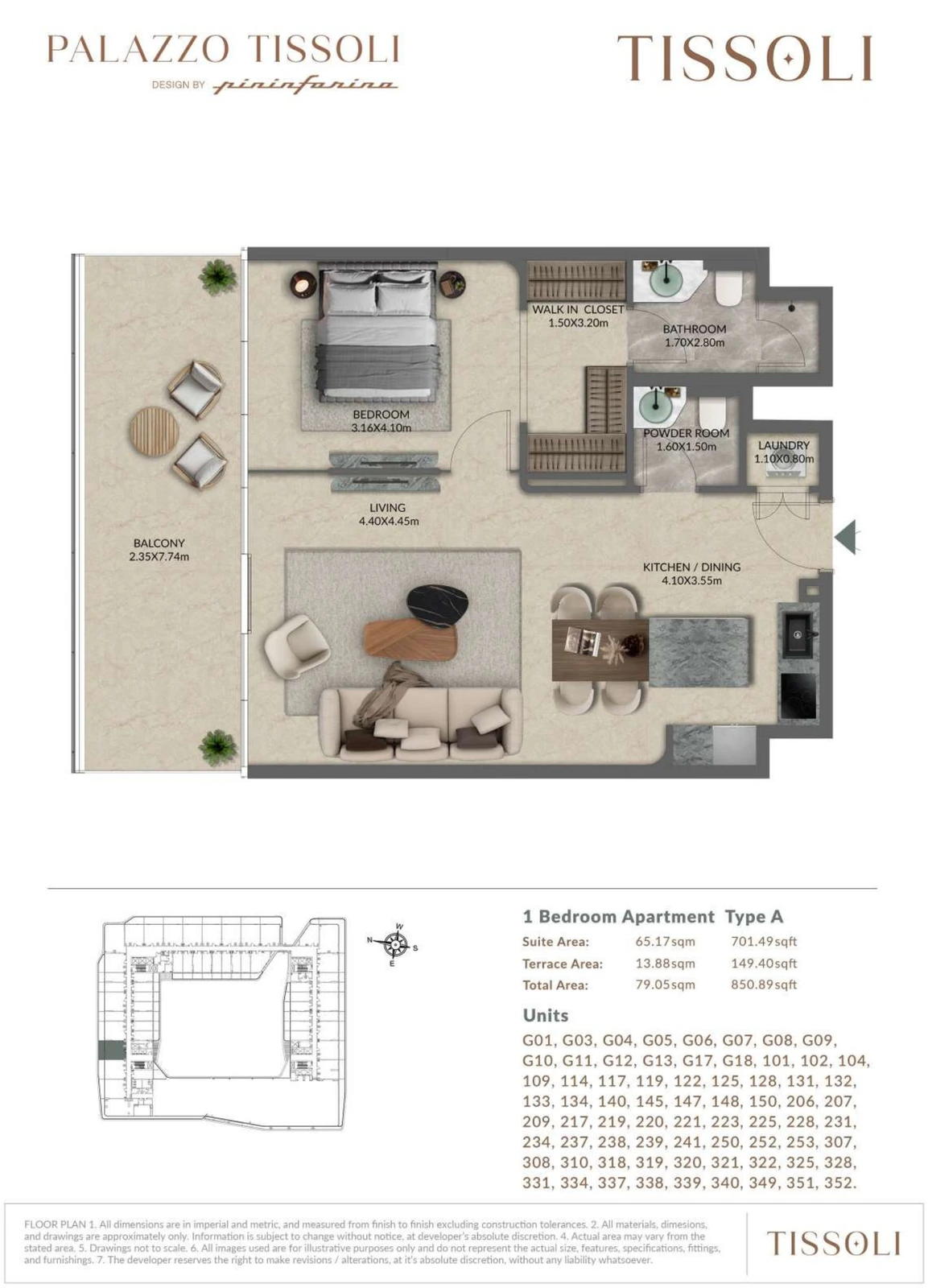 Palazzo Tissoli 1-bedroom Type A apartment floor plan, 850.89 sq ft