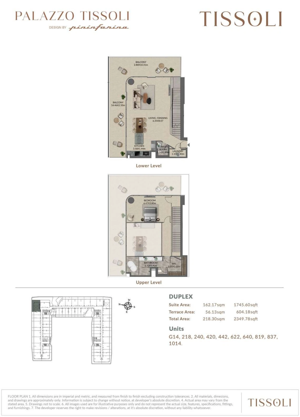 Palazzo Tissoli 2-bedroom Type A duplex floor plan showing lower and upper levels, 2,349.78 sq ft
