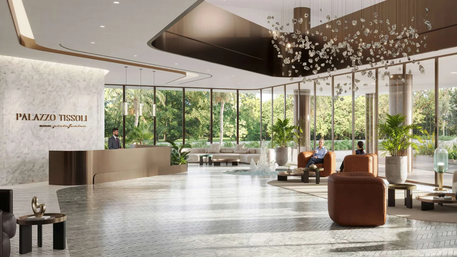 Palazzo Tissoli lobby with marble reception desk, sculptural lighting and lounge seating