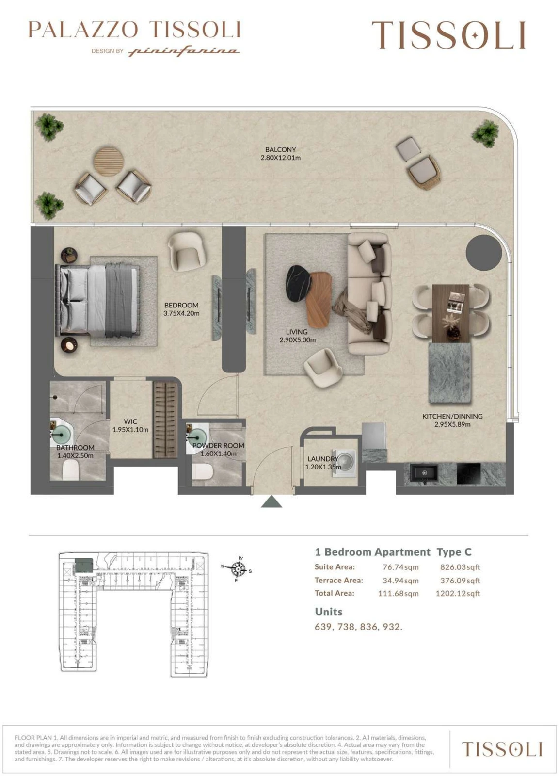 Palazzo Tissoli 1-bedroom Type C apartment floor plan, 1,202.12 sq ft