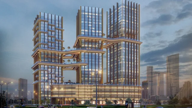 Street-level exterior of the three Radiant Bridges towers and shared podium