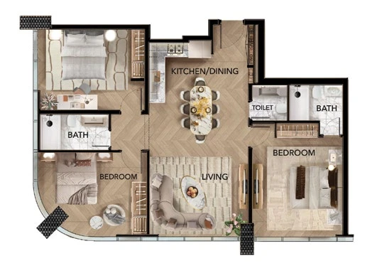 Radiant Bridges 3-bedroom Type B apartment floor plan in Tower C