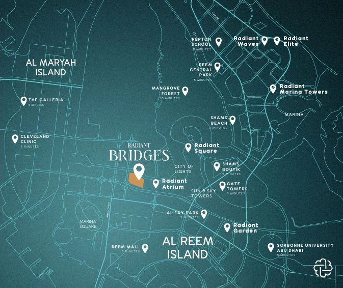 Location map for Radiant Bridges in City of Lights on Al Reem Island with nearby parks, malls, schools and medical destinations