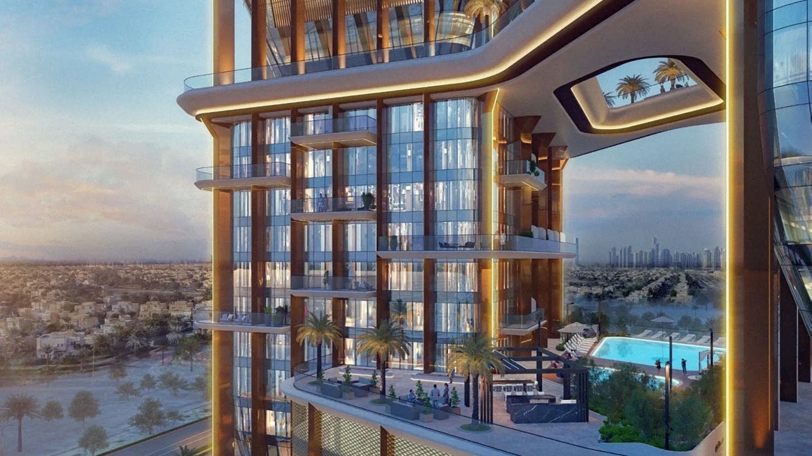 Radiant Bridges residential tower with landscaped terraces and elevated swimming pool