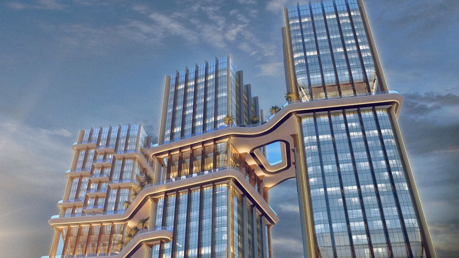 Curved glass towers and illuminated bridge architecture at Radiant Bridges