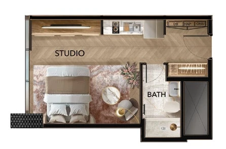 Radiant Bridges studio Type A apartment floor plan in Tower C