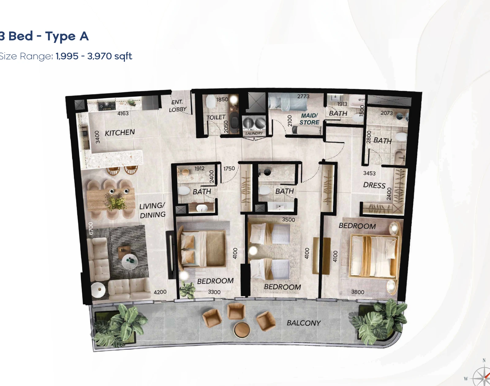 Radiant Waves 3-bedroom Type A apartment floor plan in Radiant Waves Tower