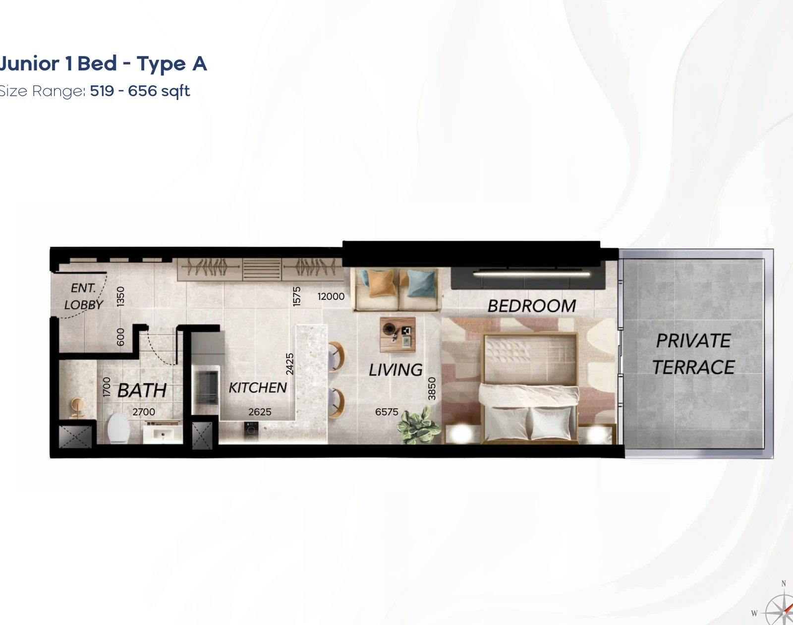 Radiant Waves Junior Type A 1-bedroom apartment floor plan in Radiant Waves Tower