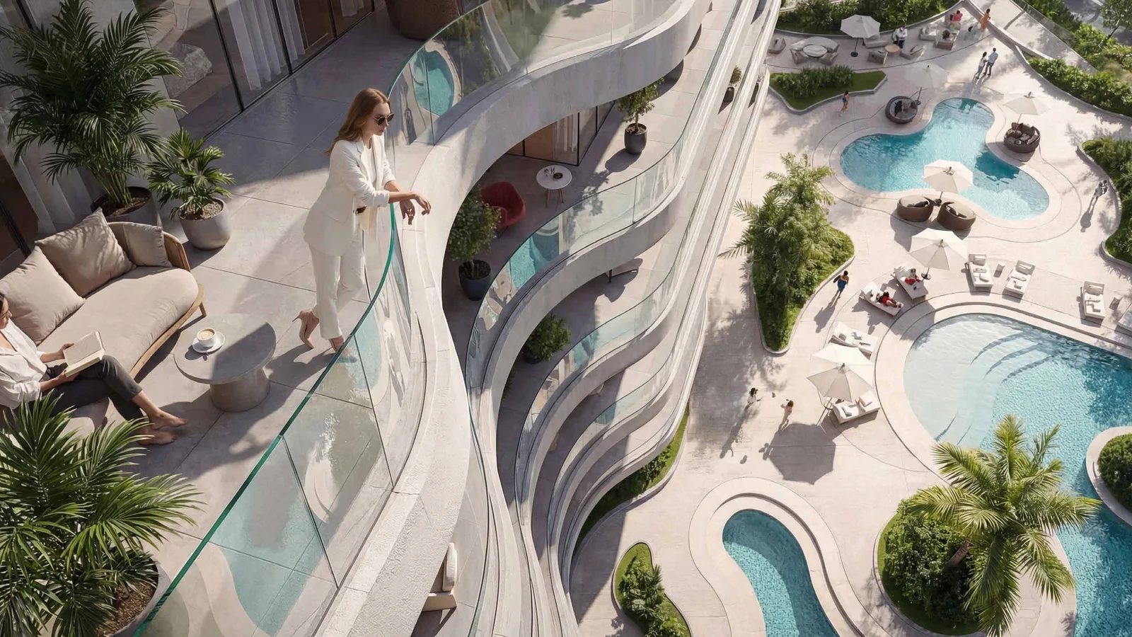 Curved Radiant Waves balconies overlooking the landscaped swimming pools