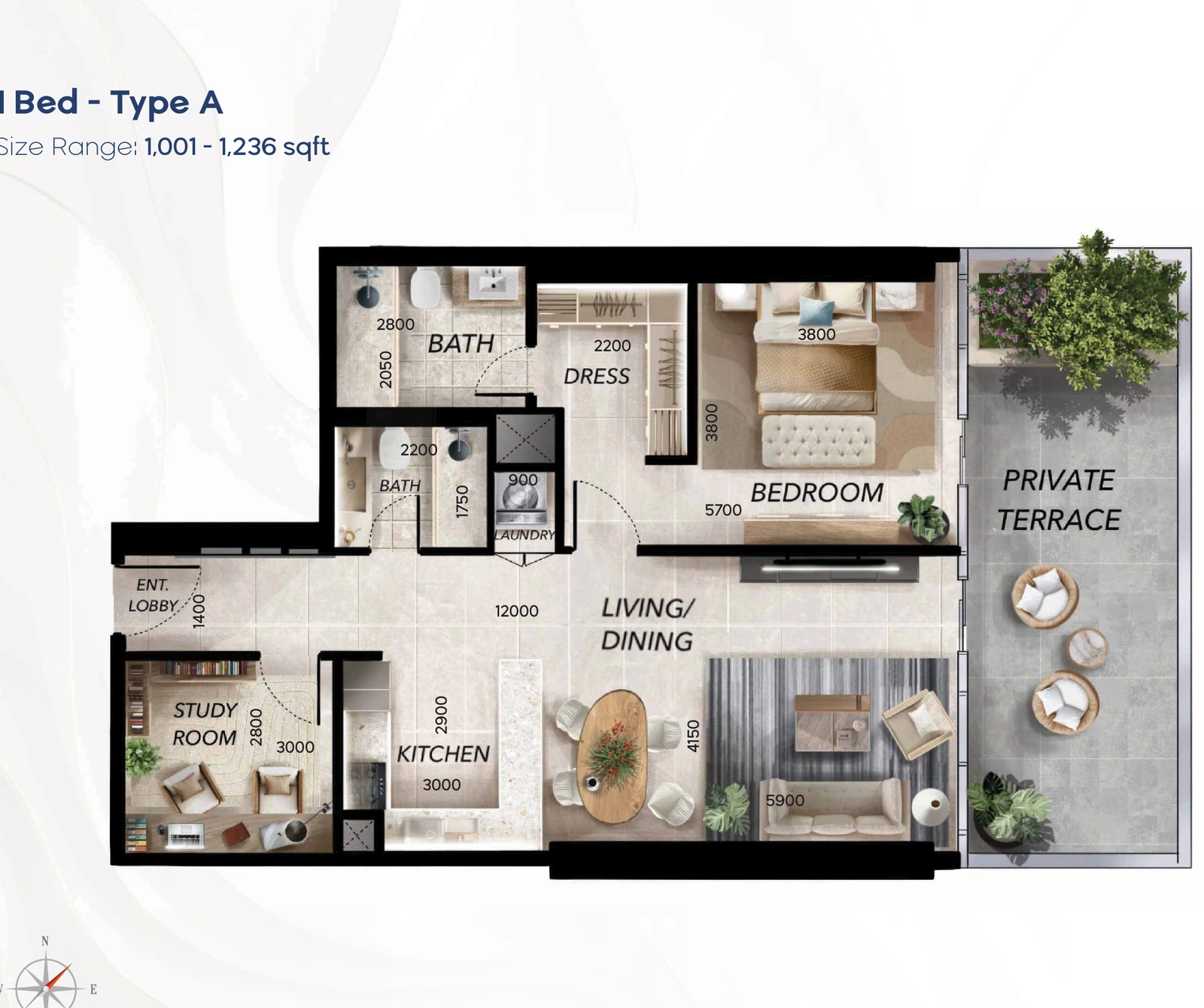 Radiant Waves 1-bedroom Type A apartment floor plan in Radiant Waves Tower