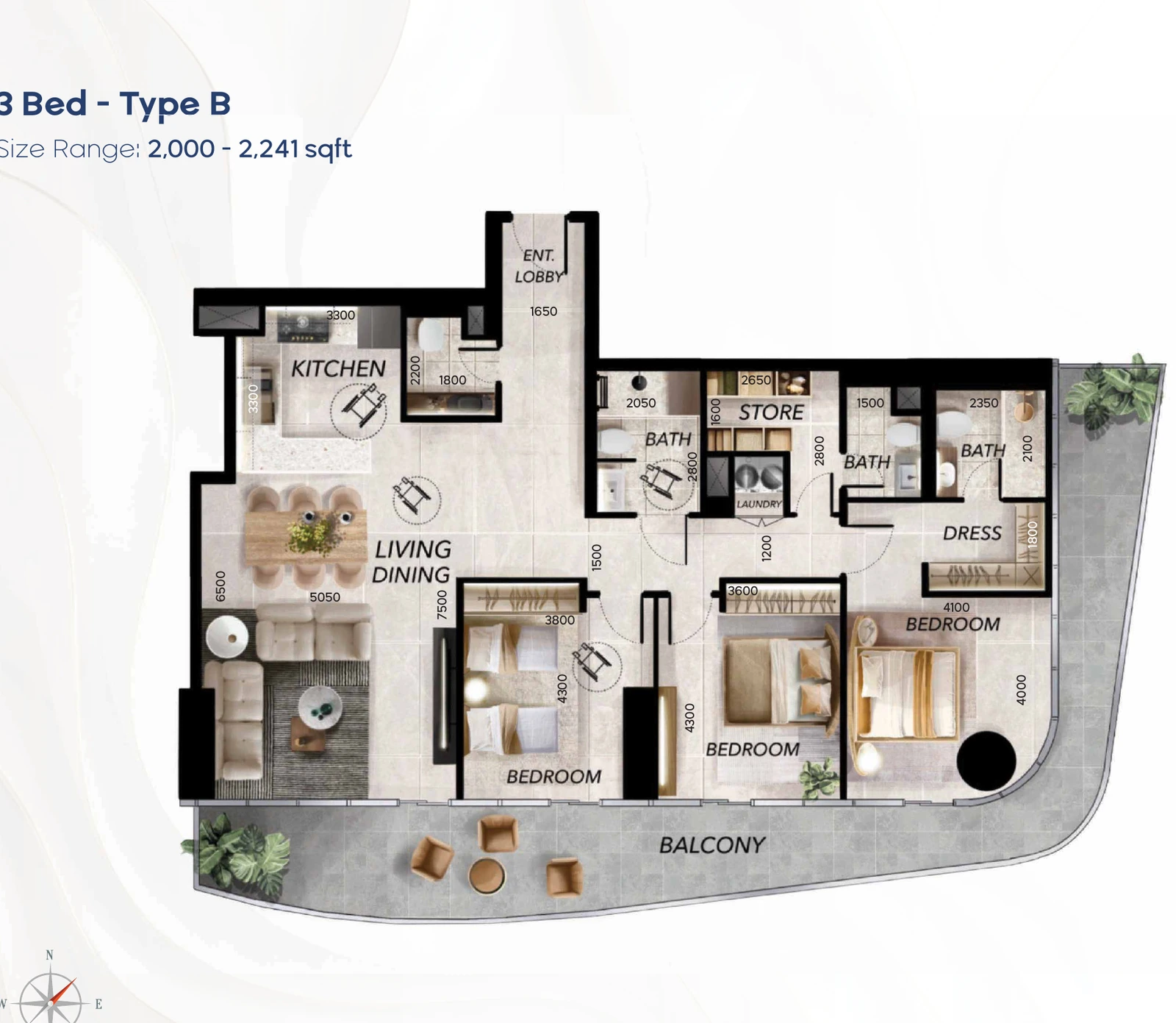 Radiant Waves 3-bedroom Type B apartment floor plan in Radiant Waves Tower