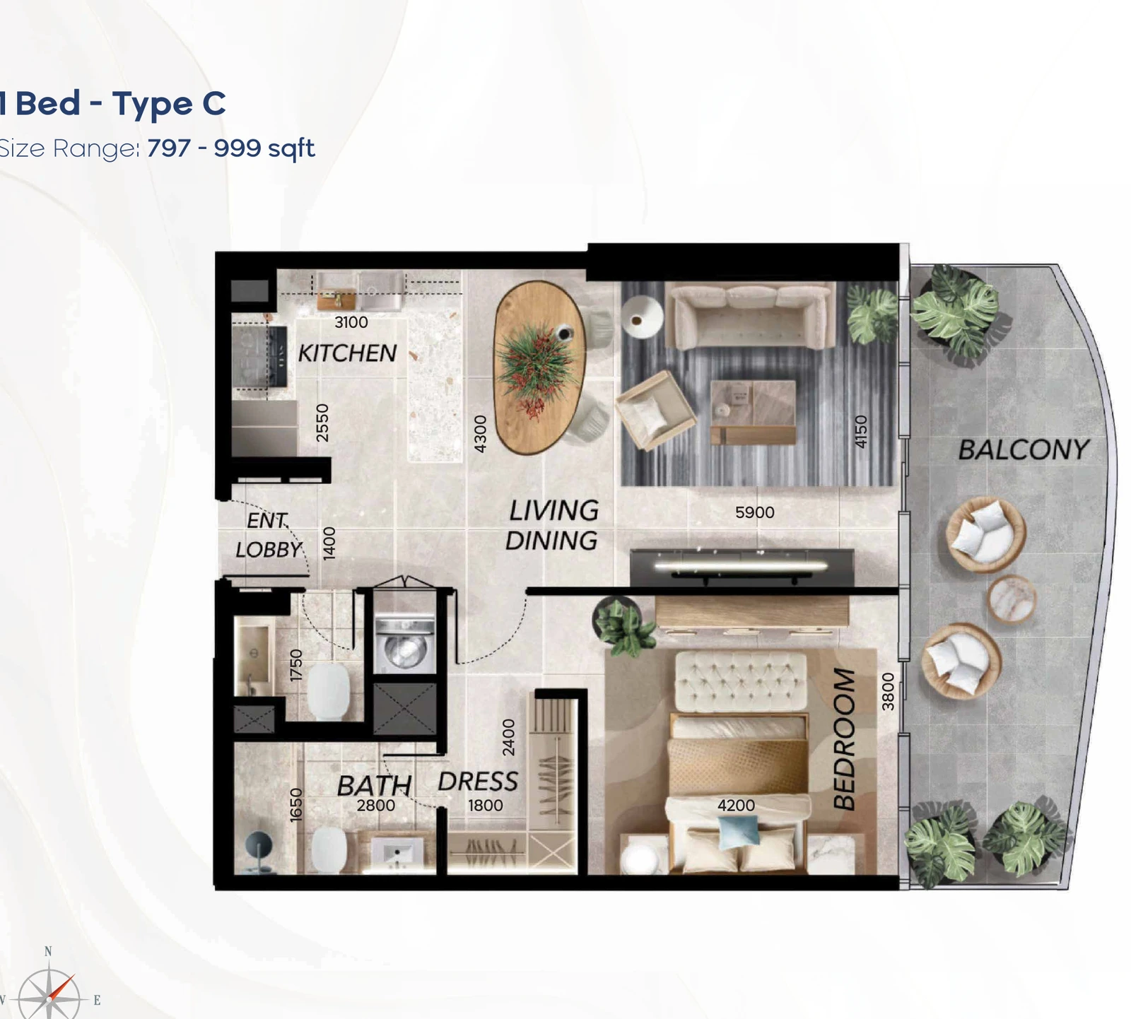 Radiant Waves 1-bedroom Type C apartment floor plan in Radiant Waves Tower