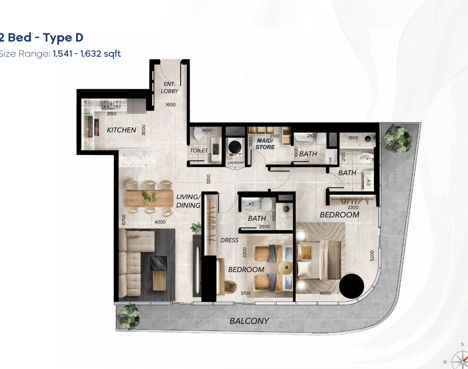 Radiant Waves 2-bedroom Type D apartment floor plan in Radiant Waves Tower