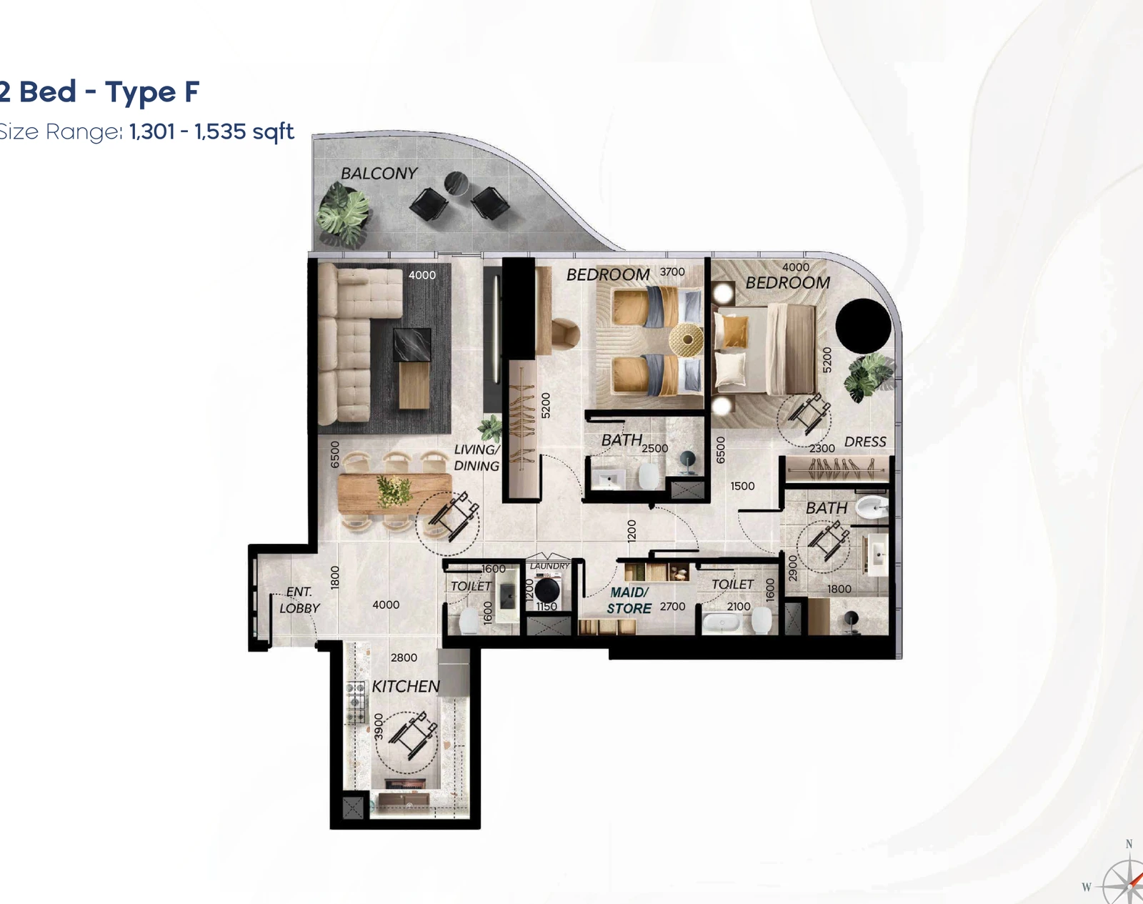 Radiant Waves 2-bedroom Type F apartment floor plan in Radiant Waves Tower