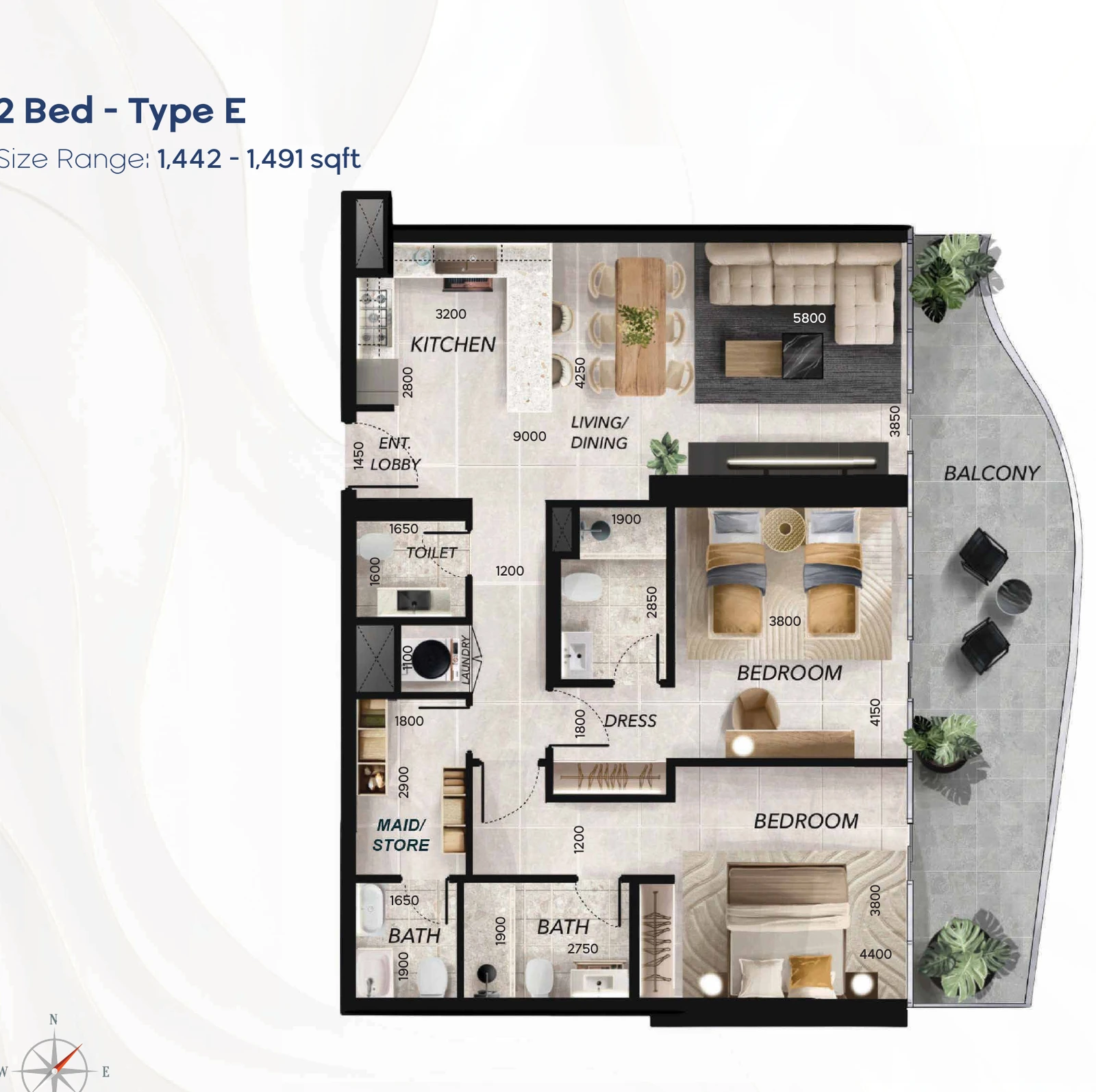 Radiant Waves 2-bedroom Type E apartment floor plan in Radiant Waves Tower