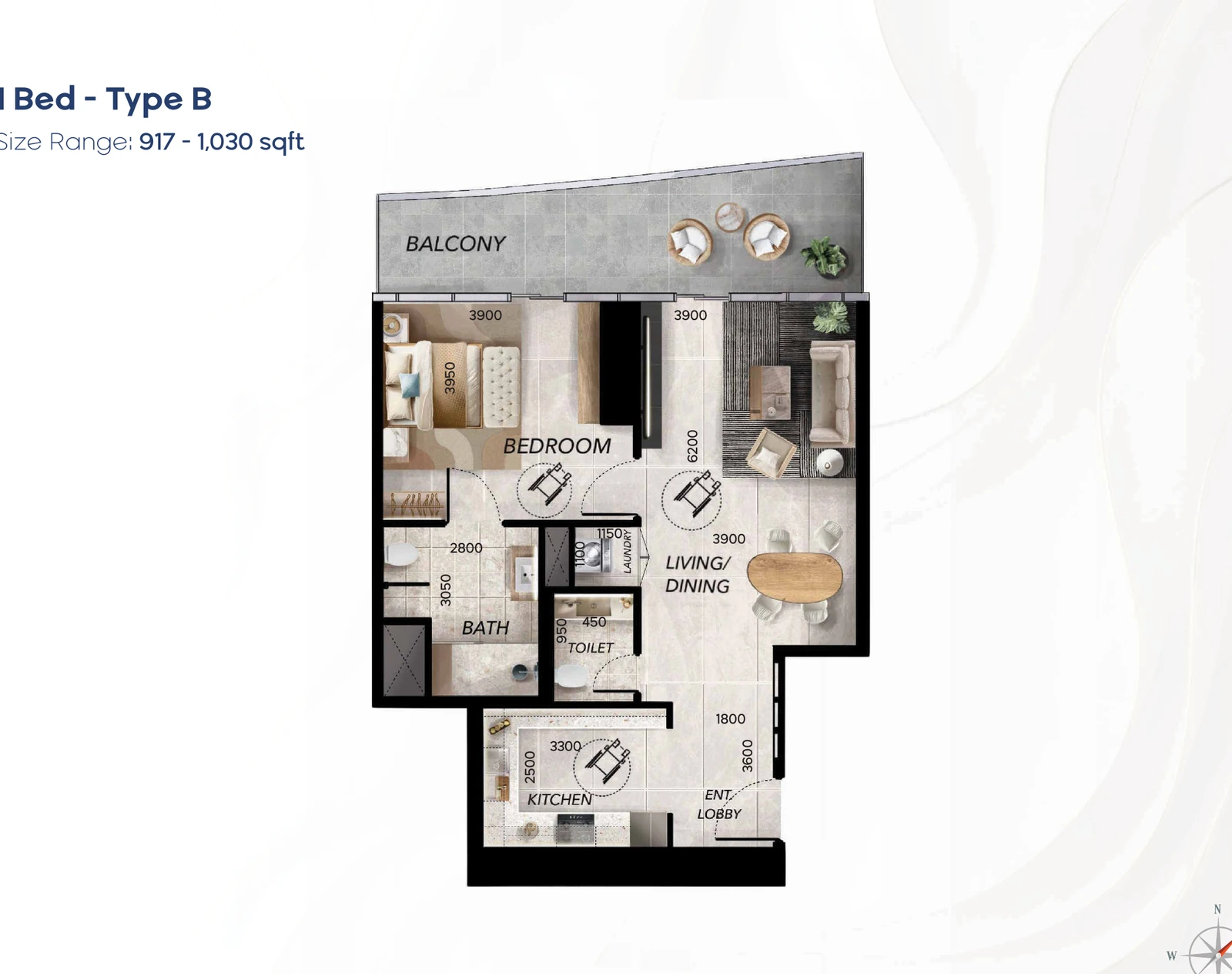Radiant Waves 1-bedroom Type B apartment floor plan in Radiant Waves Tower