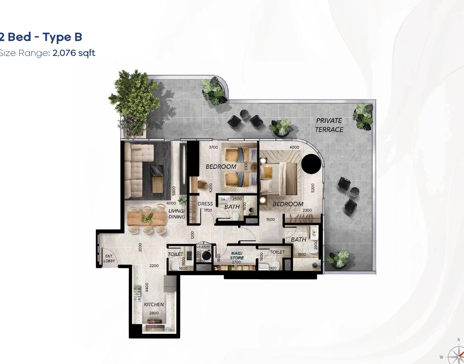 Radiant Waves 2-bedroom Type B apartment floor plan in Radiant Waves Tower