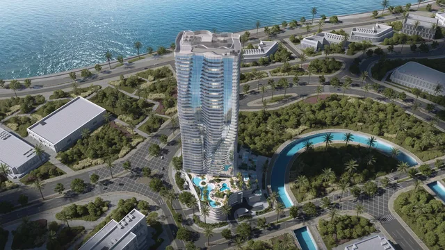 Aerial exterior of Radiant Waves beside the canal in Shams Abu Dhabi