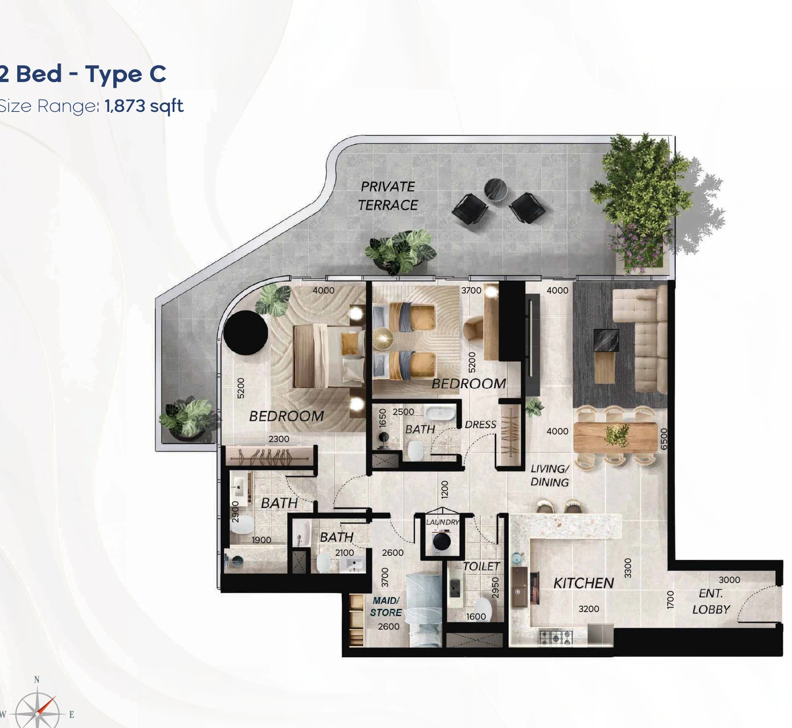 Radiant Waves 2-bedroom Type C apartment floor plan in Radiant Waves Tower