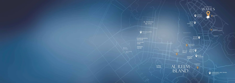 Location map for Radiant Waves in Shams Abu Dhabi with nearby parks, malls, schools and major Abu Dhabi destinations