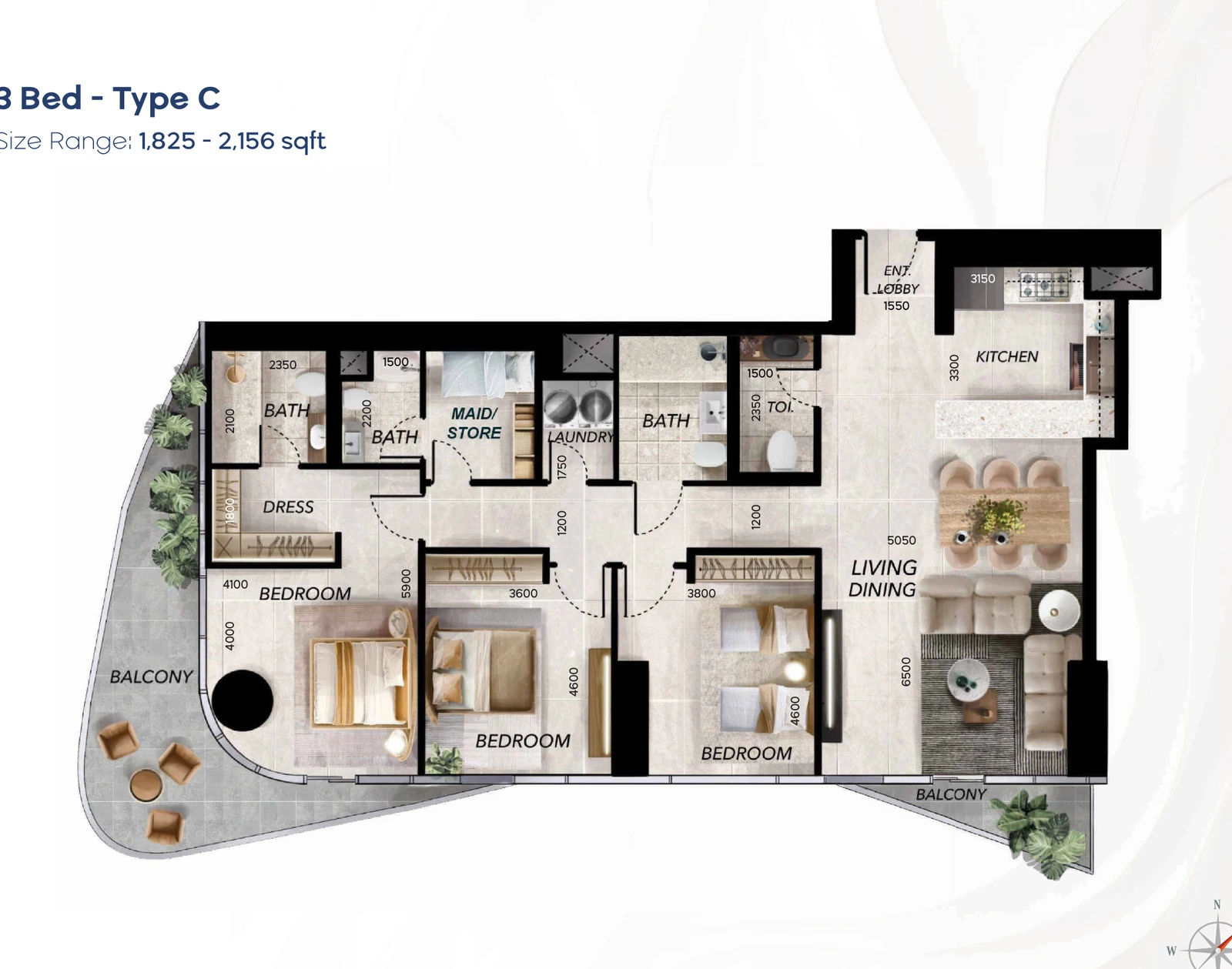 Radiant Waves 3-bedroom Type C apartment floor plan in Radiant Waves Tower