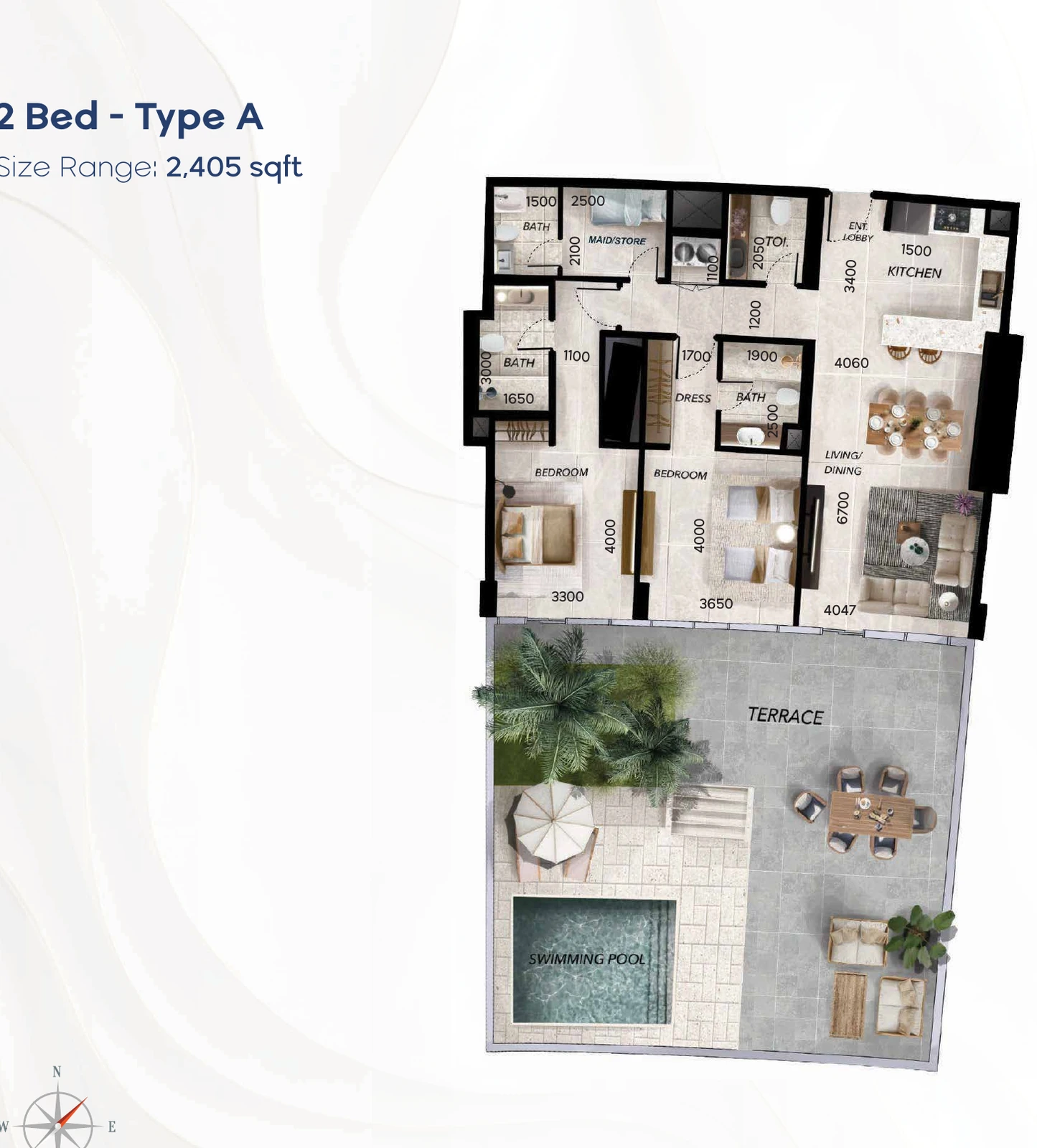 Radiant Waves 2-bedroom Type A apartment floor plan in Radiant Waves Tower