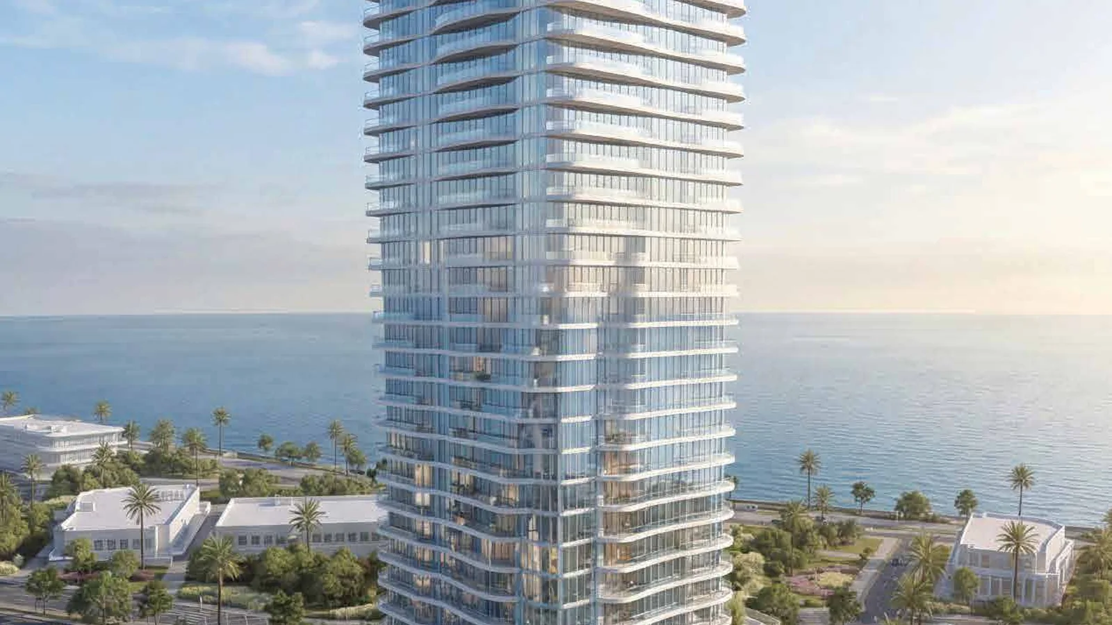 Full-height exterior of Radiant Waves with the canal and podium pools
