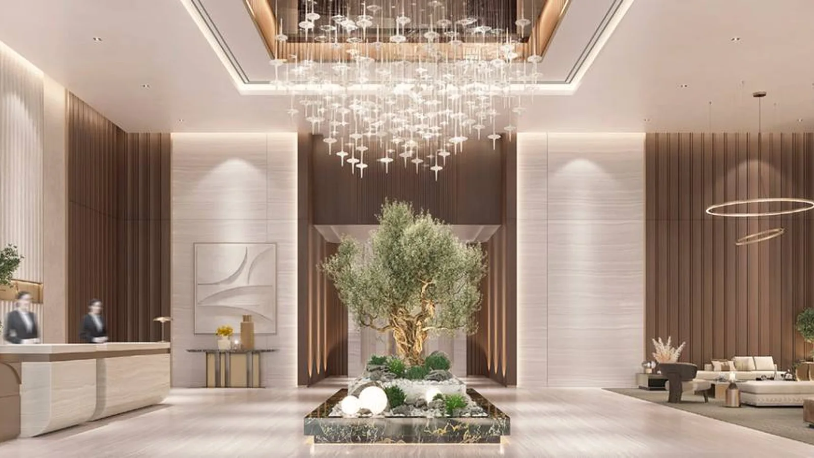 Double-height Kempinski Marina Residences lobby and reception